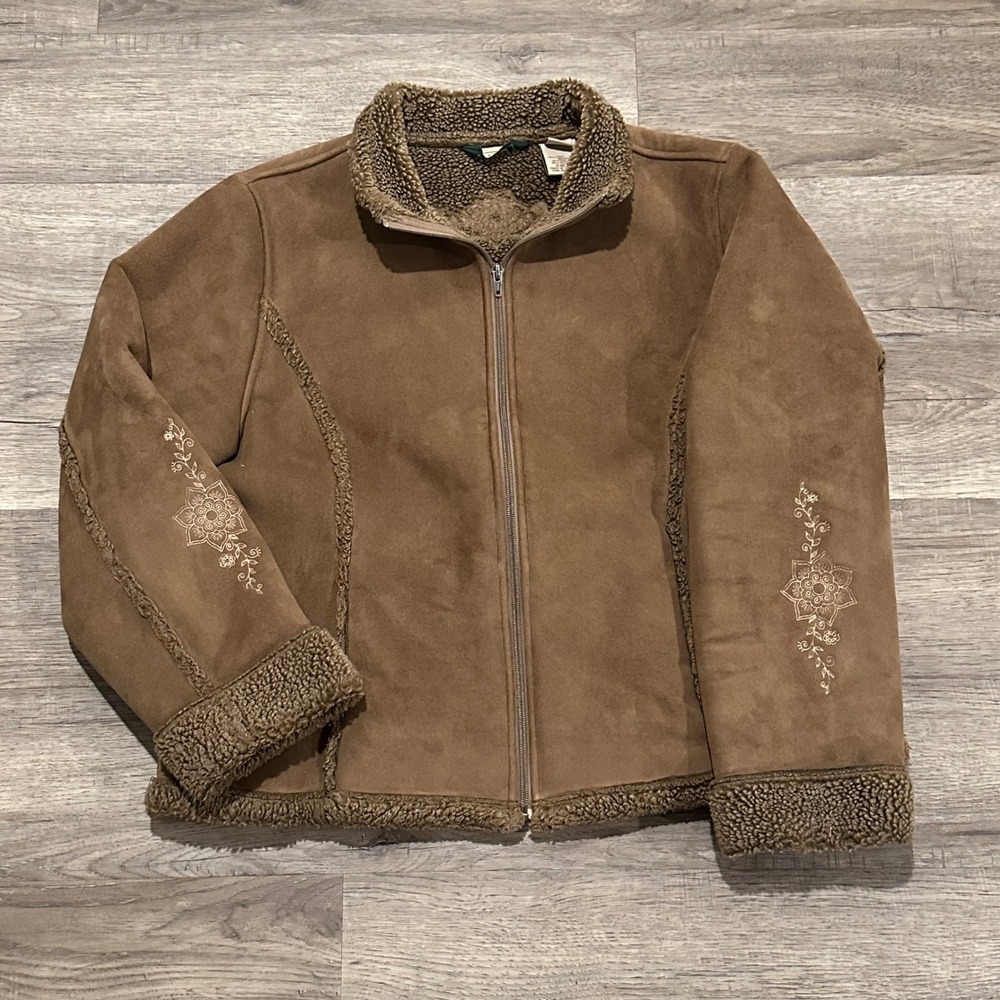 Vintage Y2K LL Bean Faux Suede Shearling Penny Lane Jacket XL Brown Embroidered